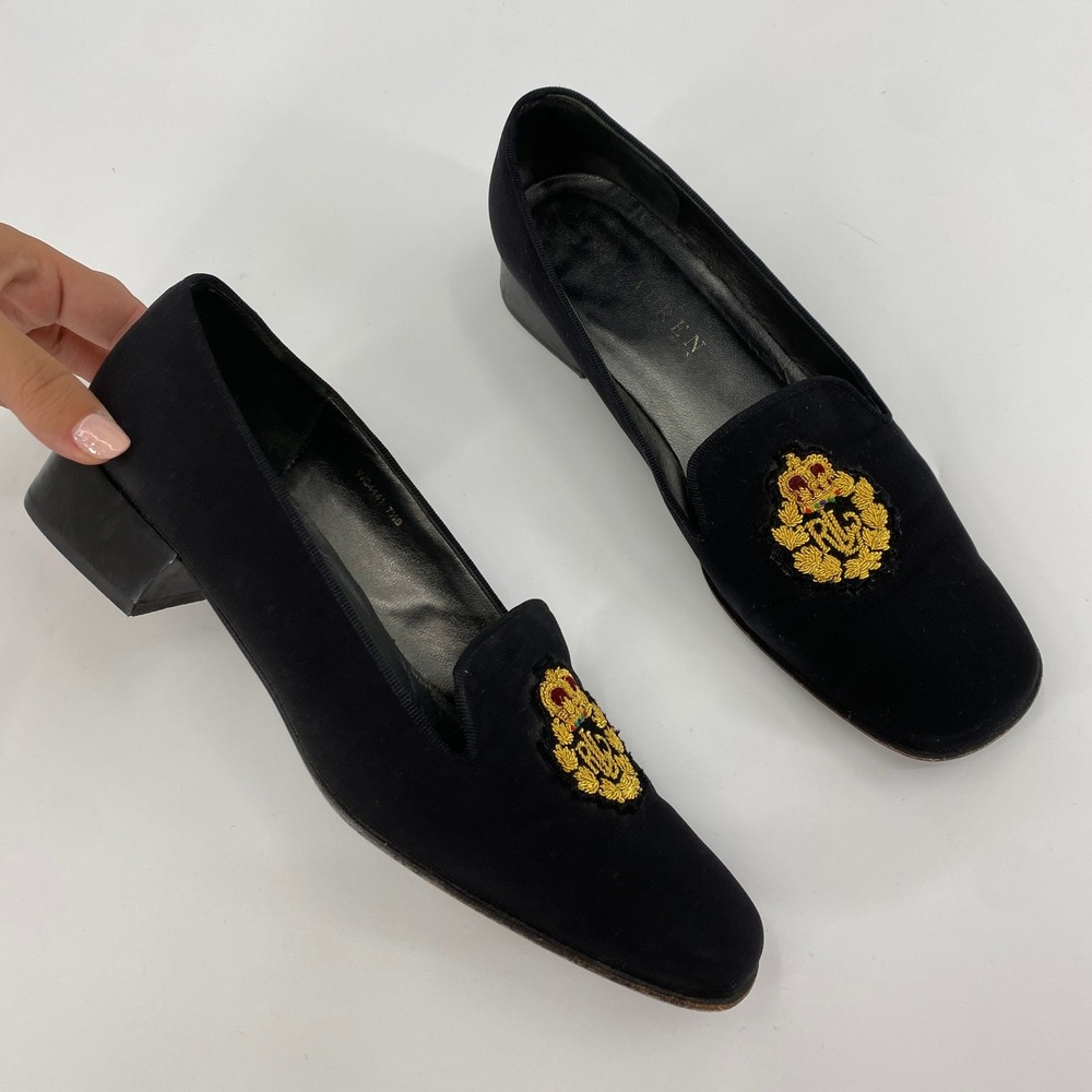 Vintage Ralph Lauren Loafers Women 7.5 Black Crest Embroidered Block‎ Heel Pumps